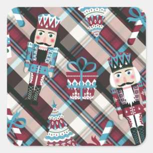 Christmas Nutcracker Plaid Blue Burgundy Square Sticker