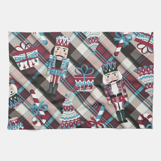 Christmas Nutcracker Plaid Blue Burgundy Tea Towel (Horizontal)