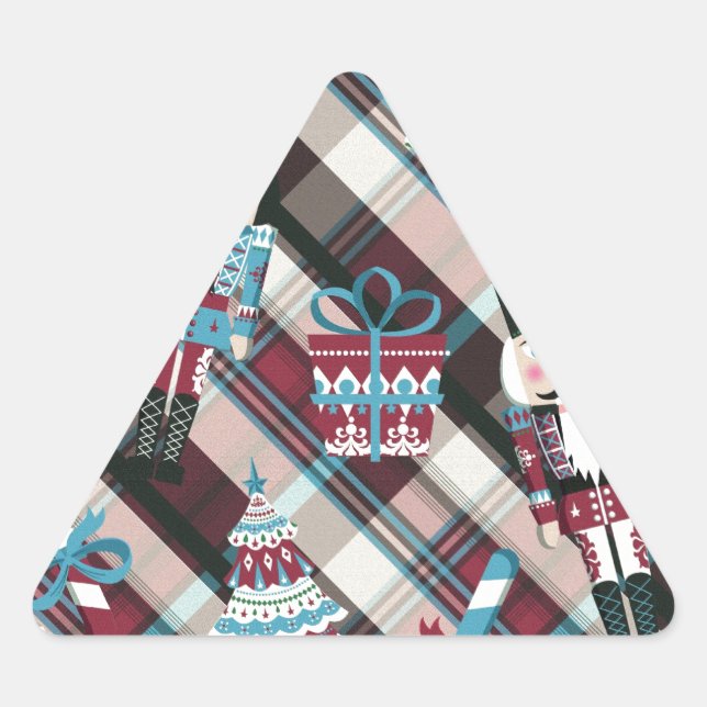 Christmas Nutcracker Plaid Blue Burgundy Triangle Sticker (Front)