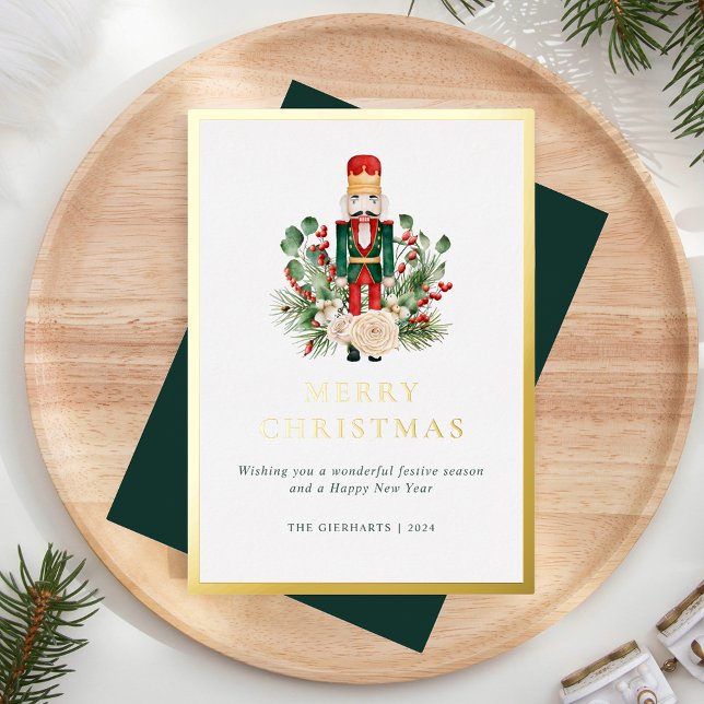 Christmas Nutcracker Red Berries Elegant Foil Holiday Card (Merry Christmas Elegant Nutcracker Greenery Greetings Card Gold Foil)