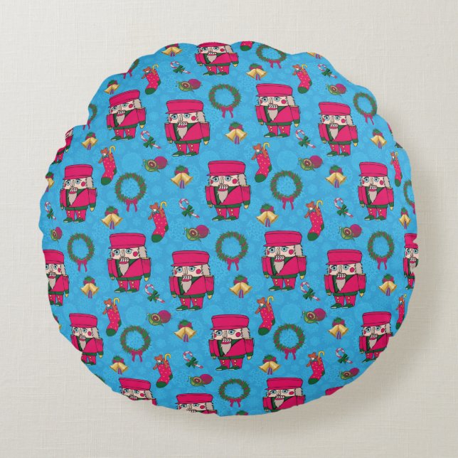 Christmas Nutcracker toy,Blue snowflake pattern Round Cushion (Front)