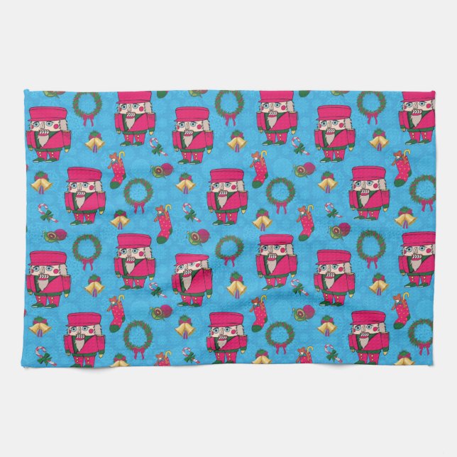 Christmas Nutcracker toy,Blue snowflake pattern Tea Towel (Horizontal)