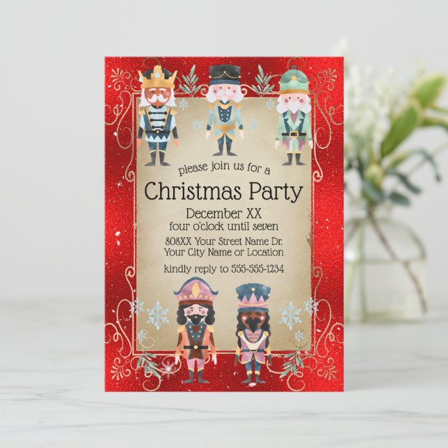 Christmas Nutcracker Toy Soldiers on Shiny Red Invitation (Standing Front)