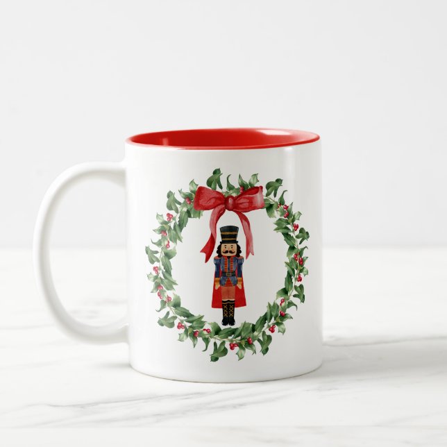 Christmas Nutcracker Wreath Red Bow Holiday Mug (Left)