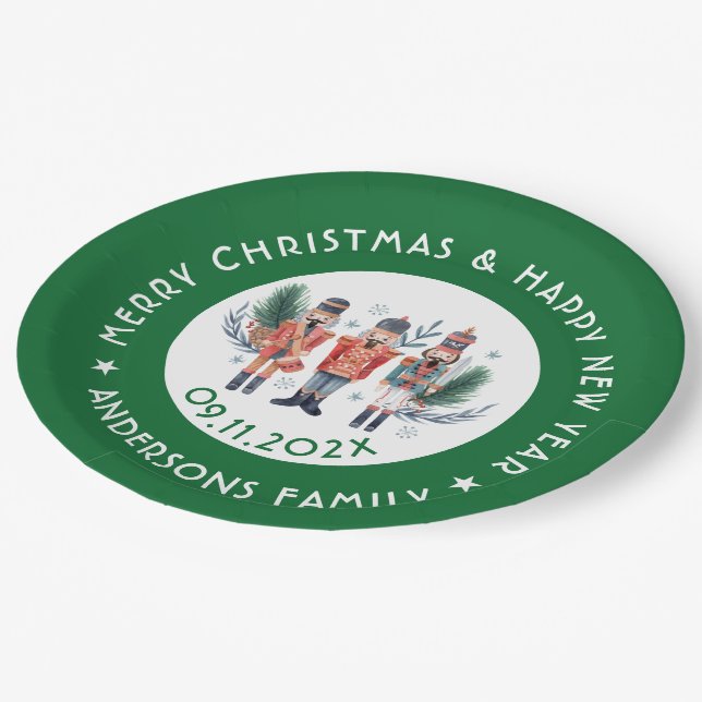 Christmas nutcrackers composition green border paper plate (Angled)