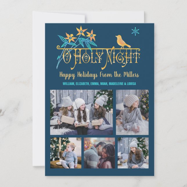 Christmas O Holy Night Family Photo Collage Birds Holiday Card (Front)