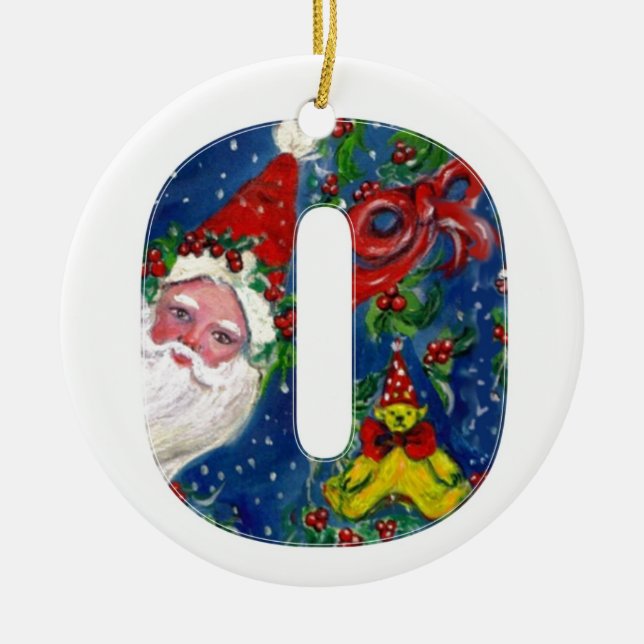 CHRISTMAS O LETTER / SANTA CLAUS WITH RED RIBBON CERAMIC ORNAMENT (Front)