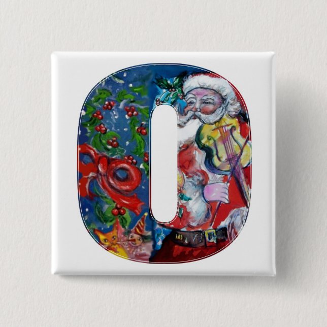 CHRISTMAS O LETTER / SANTA  WITH VIOLIN MONOGRAM 15 CM SQUARE BADGE (Front)