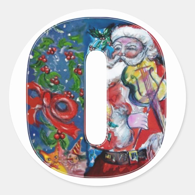 CHRISTMAS O LETTER  / SANTA WITH VIOLIN MONOGRAM CLASSIC ROUND STICKER (Front)