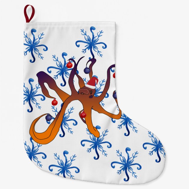 Christmas Octopus Cartoon Large Christmas Stocking (Front)