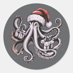 Christmas Octopus Holiday Santa Hat Xmas  Classic Round Sticker