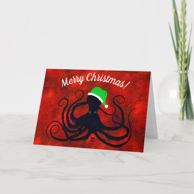 Christmas Octopus on Red - 7" x 5" Card (Front)