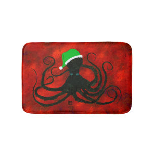 Christmas Octopus on Red - Small Bath Mat