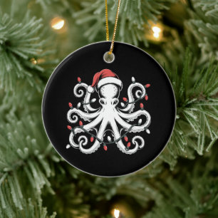 Christmas Octopus Santa Hat Lights Xmas Holiday Ceramic Ornament