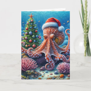 Christmas Octopus Wearing a Santa Hat Card