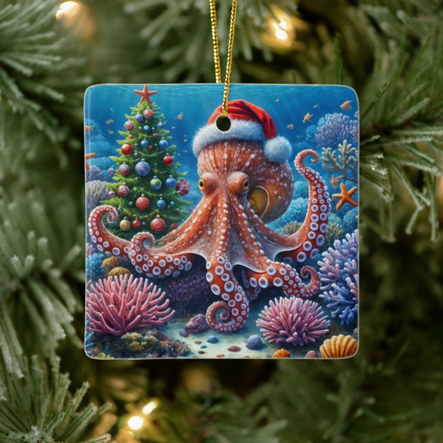 Christmas Octopus Wearing a Santa Hat Ceramic Ornament (Tree)