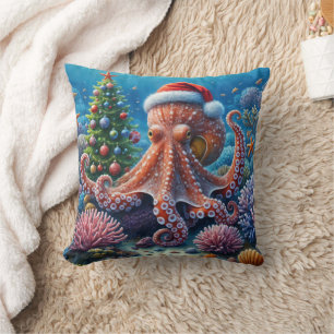 Christmas Octopus Wearing a Santa Hat Cushion
