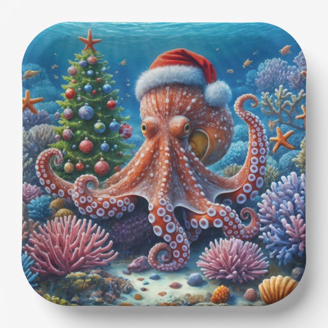 Christmas Octopus Wearing a Santa Hat Paper Plate (Front)