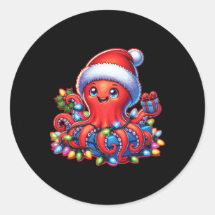 Christmas Octopus With Santa Hat And Holiday Light Classic Round Sticker