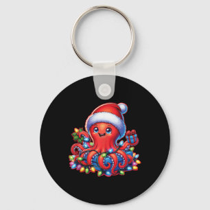 Christmas Octopus With Santa Hat And Holiday Light Key Ring
