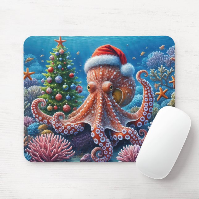 Christmas Octopus With Santa Hat Mouse Pad (With Mouse)