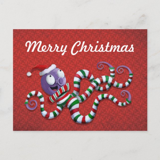 Christmas Octopus with stripes Holiday Postcard (Front)