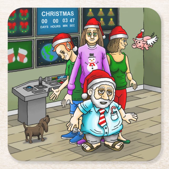 Christmas office with Santa Claus Square Paper Coaster (Front)