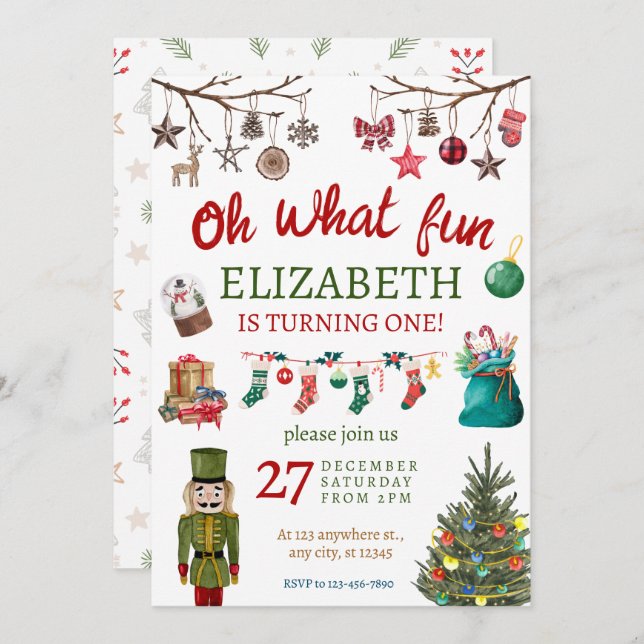 Christmas Oh What Fun First Birthday Invitation (Front/Back)