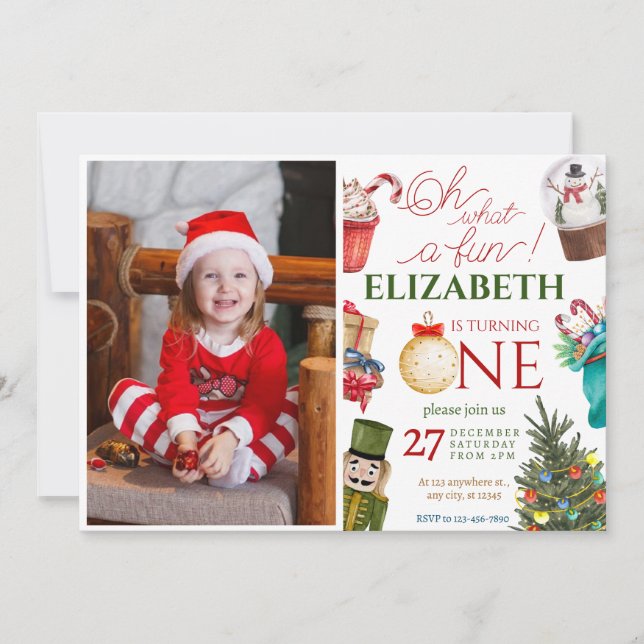 Christmas Oh What Fun First Birthday Invitation (Front)