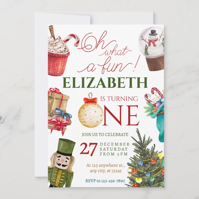 Christmas Oh What Fun First Birthday Invitation (Front)