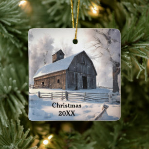 Christmas Old Barn In Snowflakes Ceramic Ornament