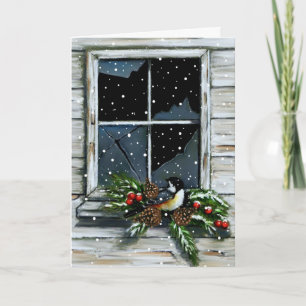 Christmas: Old Barn Window: Bird, Snow: Art Holiday Card