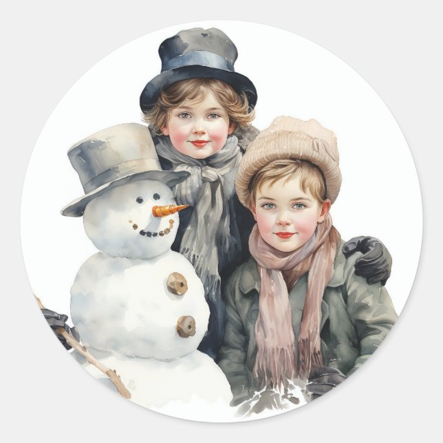 Christmas Old-fashion Children Snowman Watercolor  Classic Round Sticker (Front)
