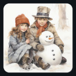 Christmas Old-fashion Children Snowman Watercolor  Square Sticker<br><div class="desc">Christmas Old-fashion Children In Snow Watercolor Square Sticker</div>