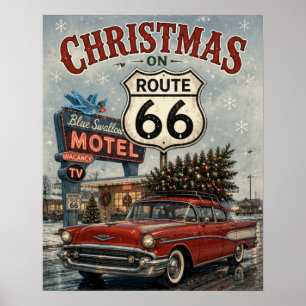 Christmas on Route 66 Vintage Car Blue Swallow Poster