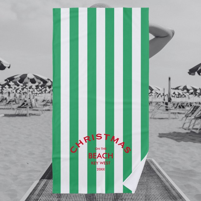 Christmas On The Beach Custom Green Cabana Stripe  Beach Towel (Creator Uploaded)
