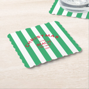 Christmas On The Beach Custom Green Cabana Stripe  Paper Coaster
