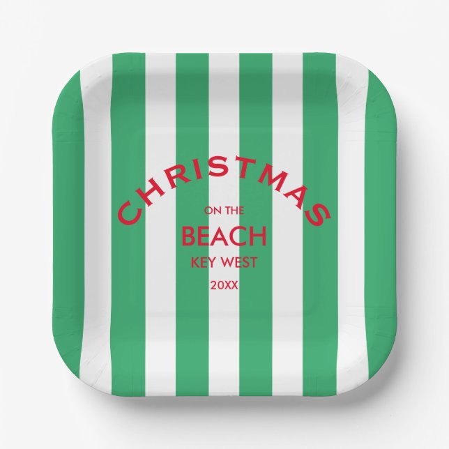 Christmas On The Beach Custom Green Cabana Stripe  Paper Plate (Front)