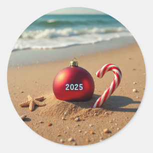 Christmas on the beach starfish candy cane classic round sticker