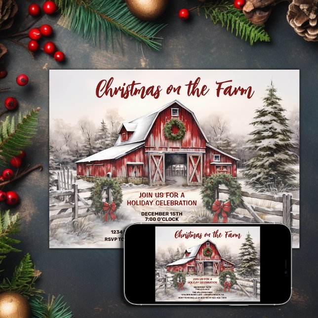 Christmas on the Farm Red Barn Holiday Party Invitation (Printed and Digital - Christmas on the Farm Red Barn Holiday Party Invitation)