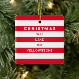 Christmas On The Lake Red Nautical Stripe Ceramic Ornament