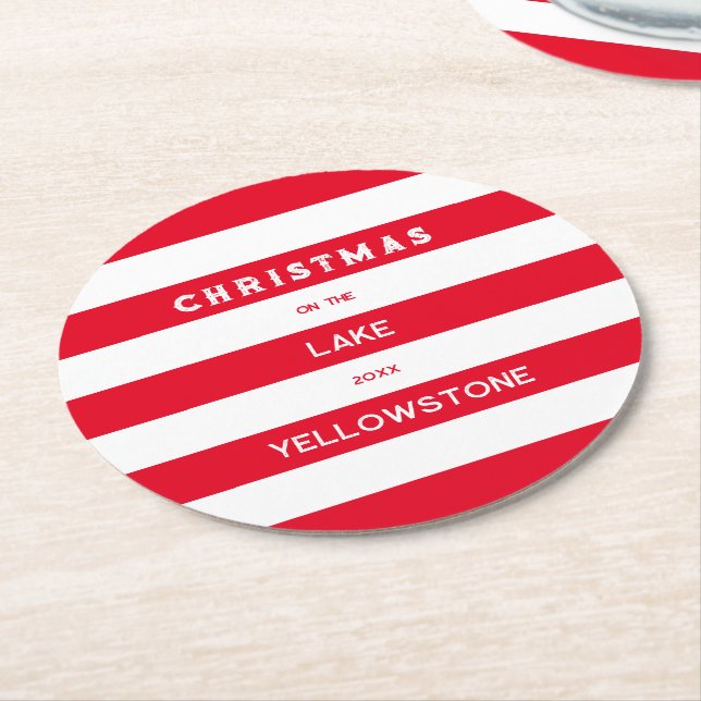 Christmas On The Lake Red Nautical Stripe Round Paper Coaster (Angled)