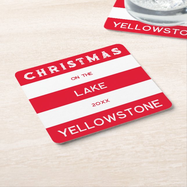 Christmas On The Lake Red Nautical Stripe Square Paper Coaster (Angled)