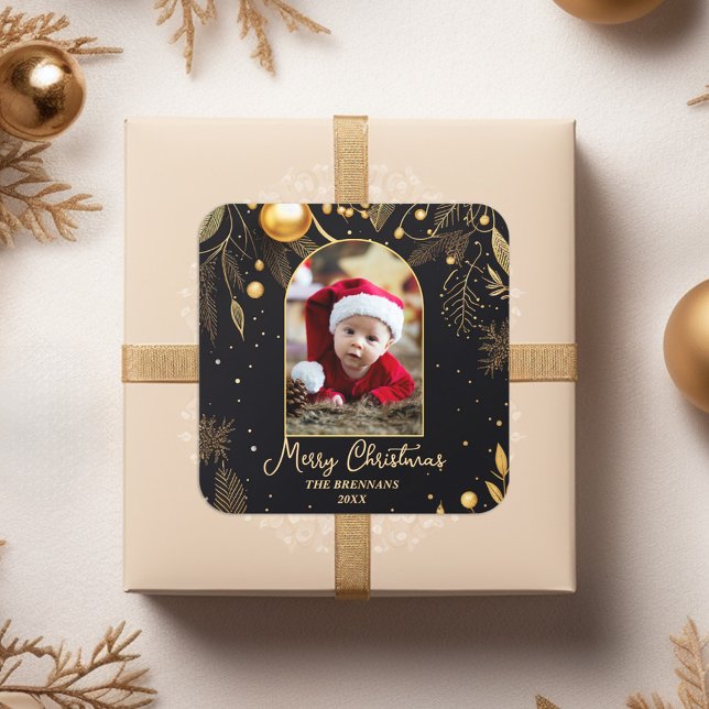Christmas One Photo Gold Elegant Square Sticker (Christmas One Photo Gold Elegant Square Sticker)