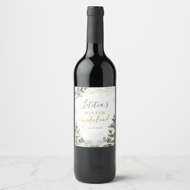 Christmas Onederland Winter Forest First Birthday Wine Label (Front)
