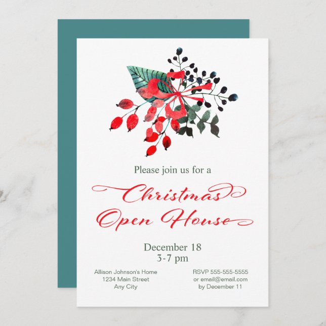 Christmas Open House Party Winter Berries Floral Invitation (Front/Back)
