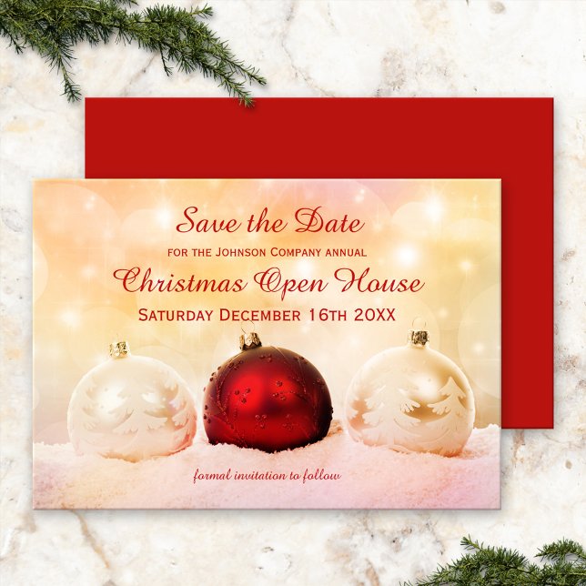 Christmas Open House Save the Date Card (Save the Date Christmas invitation, showing festive Christmas baubles in snow with sparkling lights)