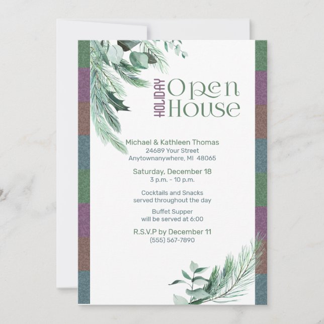 Christmas Open House Watercolor Foliage Modern Invitation (Front)