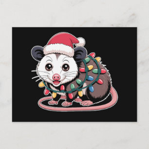 Christmas Opossum Santa Hat Lights Holiday Xmas Postcard