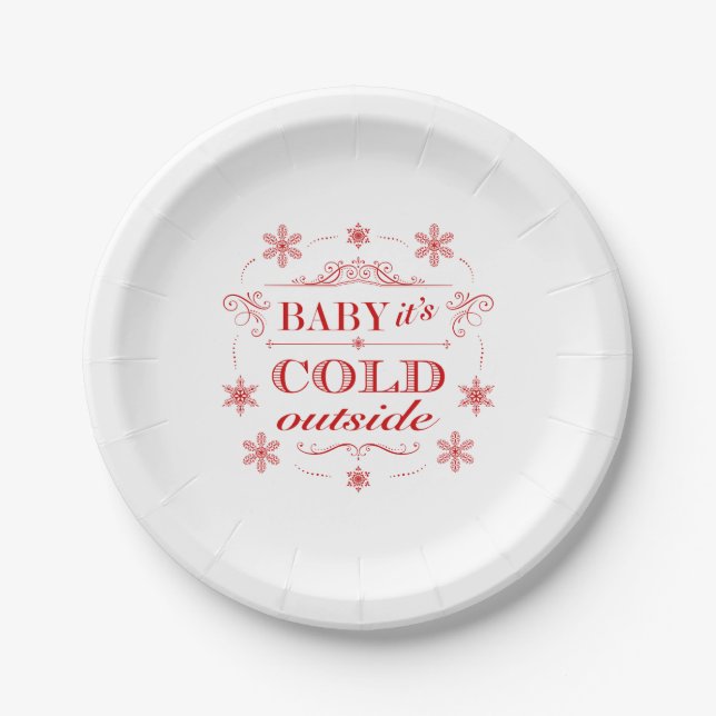 Christmas or Winter Red and White Snowflake Paper Plate (Front)